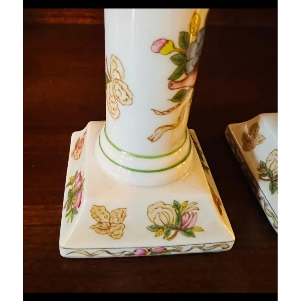 Andrea by Sadek Porcelain Candlesticks Pair Vintage Chinoiserie Bird Floral 7